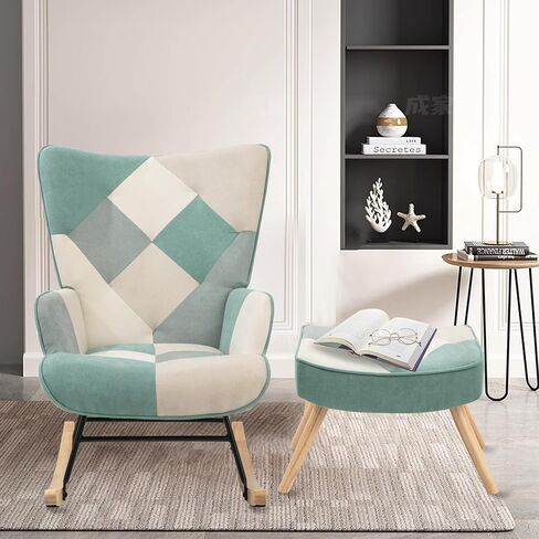 Patchwork Rocking Chair with Ottoman Upholstered Rocker Accent Chairs with High Backrest Small Glider Chair Comfy Side Armchair for Nursery Living Room Bedroom (Colorful, with Ottoman) in Saudi Arabia