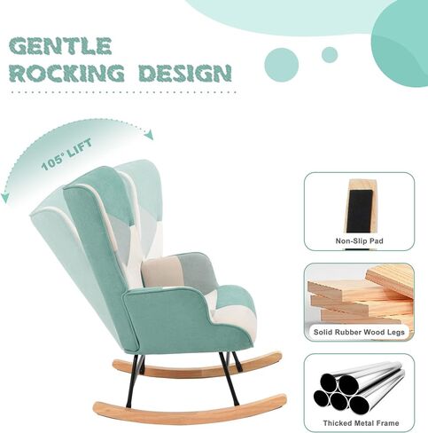 Patchwork Rocking Chair with Ottoman Upholstered Rocker Accent Chairs with High Backrest Small Glider Chair Comfy Side Armchair for Nursery Living Room Bedroom (Colorful, with Ottoman) in Saudi Arabia