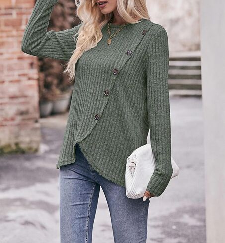AELSON Women's Casual Fall Crewneck Tunic Tops Long Sleeve Dressy Solid Color Blouse Shirts in Kuwait