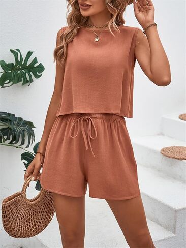 Two Piece Sets for Women Summer Outfits Lounge, Cotton Linen Shirt and Drawstring Shorts, Vacation Casual Matching Set in Saudi Arabia