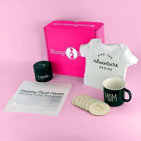Bump Boxes 2nd Trimester Pregnancy Gifts for Expecting Moms with Belly Butter, Bath Soak, Baby Footed Sleeper Onesie, Frame and Eye Mask, Baby Shower Gift for Mother to Be in Kuwait