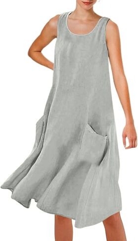 Women's Summer Solid Color Sleeveless Knee Length Beach Dress Casual Round Neck with Pockets for Women Maxi Dress in Saudi Arabia