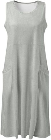 Women's Summer Solid Color Sleeveless Knee Length Beach Dress Casual Round Neck with Pockets for Women Maxi Dress in Saudi Arabia