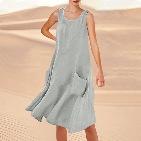 Women's Summer Solid Color Sleeveless Knee Length Beach Dress Casual Round Neck with Pockets for Women Maxi Dress in Saudi Arabia