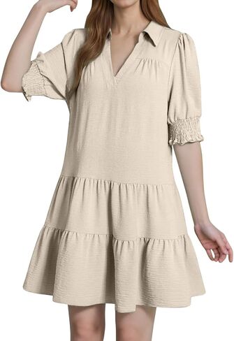 Casual Dresses for Women Lapel Collared V Neck Mid Sleeved Pleated Summer Dresses for Women 2025 Long Dress for in Saudi Arabia