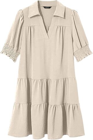 Casual Dresses for Women Lapel Collared V Neck Mid Sleeved Pleated Summer Dresses for Women 2025 Long Dress for in Saudi Arabia