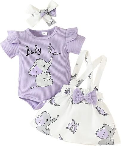 Newborn Baby Girl Summer Outfit Ruffle Sleeve Ribbed Romper Suspender Skirt Overall Dress Headband Clothes 3Pcs in Saudi Arabia