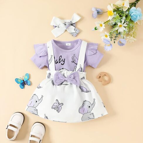 Newborn Baby Girl Summer Outfit Ruffle Sleeve Ribbed Romper Suspender Skirt Overall Dress Headband Clothes 3Pcs in Saudi Arabia