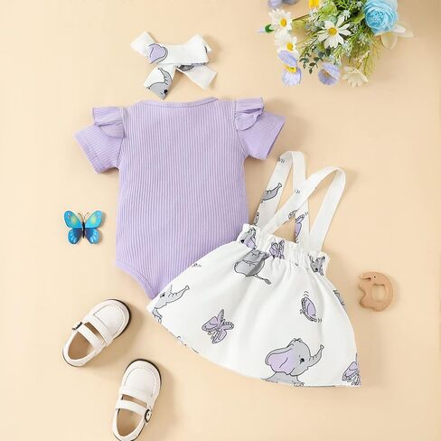 Newborn Baby Girl Summer Outfit Ruffle Sleeve Ribbed Romper Suspender Skirt Overall Dress Headband Clothes 3Pcs in Saudi Arabia