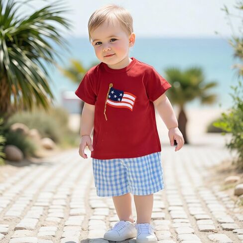 Meiweileya 4th من يوليو طفل طفل طفل رضيع قصير الأكمام القصيرة الأمريكية tshirt شورتات منقوشة وضعت ملابس صيفية وطنية in Kuwait