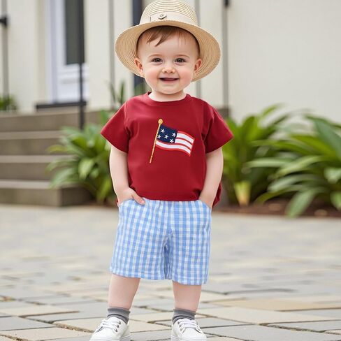 Meiweileya 4th من يوليو طفل طفل طفل رضيع قصير الأكمام القصيرة الأمريكية tshirt شورتات منقوشة وضعت ملابس صيفية وطنية in Kuwait