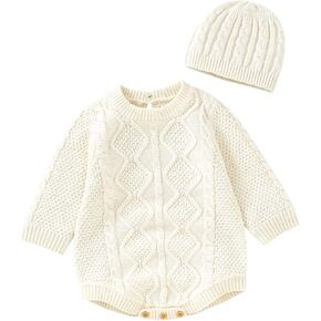 Baby Sweatshirt Romper Newborn Infant Knit Romper Long Sleeve Sweater Clothes Bodysuit with Hat 0-18 Months