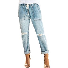 Maiyifu-GJ Women Pull On Distressed Denim Joggers Relaxed Fit Ripped Straight Leg Jeans Mid Rise Elastic Waist Boyfriend Jean