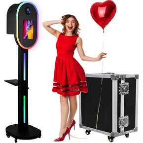 Photo Booth for iPad 10.2" 10.5" 10.9" 11" 12.9" and for Camera Dualuse Photobooth Machine Selfie Station Stand APP Control RGB Light Music Sync Light Box with Flight Case for Rental Wedding