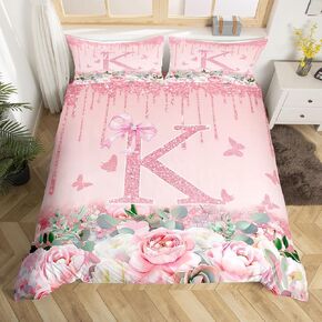 jejeloiu Pink Rose Gold Duvet Cover for Kids Boys Girls,Toddler,Pink Bow Bedding Set,Personalized Letter B Comforter Cover,Rose Letter Theme Bedspread Cover,Monogrammed Bedroom Decor,No Comforter