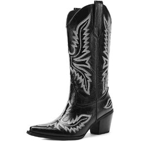 Cowgirl Boots Women – Western Mid-Calf Cowboy Boots, 3-Inch Wood-Grain Chunky Heel, Pointy Toe Fashion Embroidered Ladies Boots