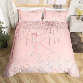 jejeloiu Pink Rose Gold Duvet Cover Kids Boys Girls,Toddler,Pink Bow Bedding Set,Personalized Letter M Comforter Cover,Glitter Diamond Pattern Bedspread Cover,No Comforter,Monogrammed