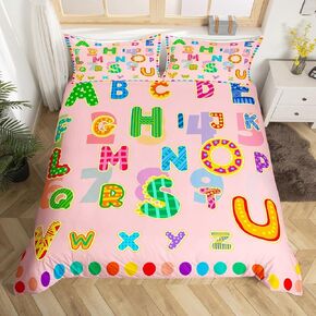 jejeloiu Alphabet Colorful Duvet Cover Kids Boys Girls,Toddler,Educational ABC Alphabet Bedding Set,Early Learning Comforter Cover,Monogrammed Bedspread Cover,Rainbow Dots,No Comforter