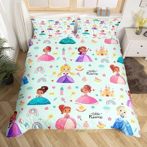 Erosebridal Kids Magical Princess Duvet Cover Toddler Size, Baby Blue Castle Soft Bedding Sets for Bedroom, Cartoon Kawaii Princess Bed Set with 2 Pillows for Girl, Cute Girly Rainbow Comforter Cover