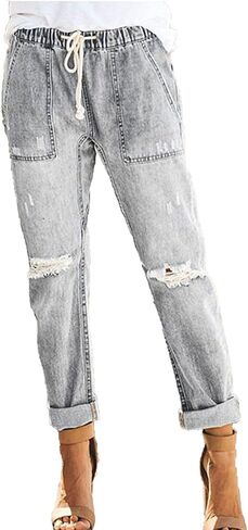 Maiyifu-GJ نساء تسحب على ركض الدنيم المتعثرة مريحة Fit Fit Straight Leg Jeans Mid Rise Lister Weist Jean in Kuwait