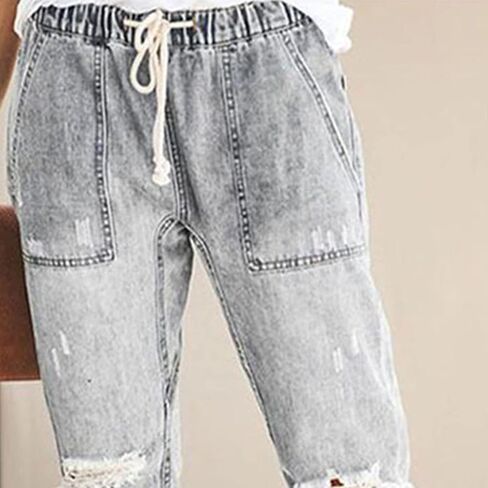 Maiyifu-GJ نساء تسحب على ركض الدنيم المتعثرة مريحة Fit Fit Straight Leg Jeans Mid Rise Lister Weist Jean in Kuwait