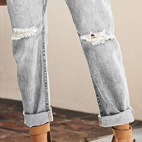 Maiyifu-GJ نساء تسحب على ركض الدنيم المتعثرة مريحة Fit Fit Straight Leg Jeans Mid Rise Lister Weist Jean in Kuwait
