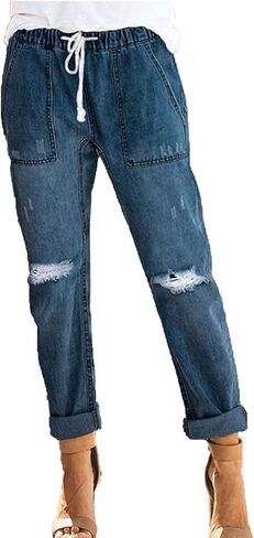 Maiyifu-GJ نساء تسحب على ركض الدنيم المتعثرة مريحة Fit Fit Straight Leg Jeans Mid Rise Lister Weist Jean in Kuwait