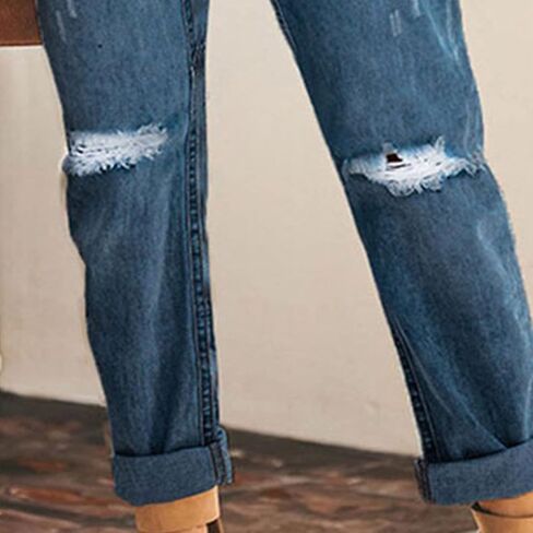 Maiyifu-GJ نساء تسحب على ركض الدنيم المتعثرة مريحة Fit Fit Straight Leg Jeans Mid Rise Lister Weist Jean in Kuwait