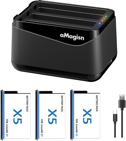 Battery Charger Kit for Insta360 X5,Simultaneous Charging of 3 Batteries with Misro SD Card Slots (Charger+2 Battery) in Kuwait