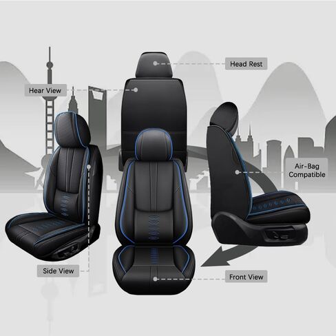 5PCS Premium Leather Seat Covers for Honda Cars, Fits 96% of Models, Waterproof, Stain-Resistant Car Seat Protectors（Black&Blue-Deluxe） in Saudi Arabia