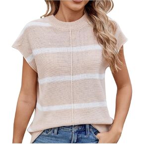 Womens Summer Cap Sleeve Tops Casual Crew Neck Loose Fit Knit Lightweight Sweater Pullover Top Color Block Shirts