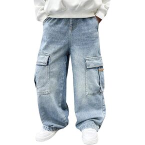 Baggy Jeans Boys Y2K Straight Leg Elastic Waist Denim Pants Loose Jeans Trousers with Pockets Kids Streetwear 4-14T