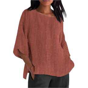 Cotton Linen Shirts for Women Striped 3/4 Sleeve Tops Summer Casual Round Neck Pullover Blouse Ladies Tunic Tshirt