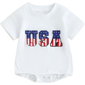 4th of July Baby Outfit Infant Boy Girl Bubble Romper USA Embroidery Short-Sleeve Crewneck One-Piece Holiday Outfit