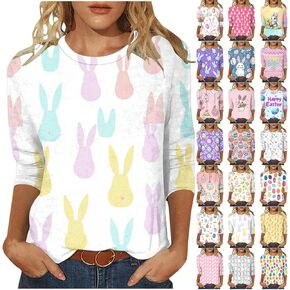 Easter Outfits for Women 2025 Casual Cute Rabbit 3/4 Length Sleeve Easter Tops Round Neck Plus Size Easter Shirts