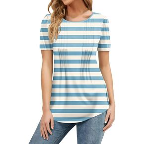 Women's Going Out Tops Petal Short Sleeve Summer Casual Crew Neck Shirts Solid Blouse Pleated Tunics Shirts, S-3XL