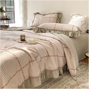 Washed Cotton and Linen Princess Style Craft Lace Small Floral Summer Quilt Bed Four Pieces Set(E,150x200cm 1 Piece)