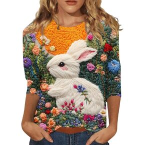 3/4 Sleeve Shirts for Womenn Round Neck Fashion Tops Easter Cute Print Plus Size Tees Blouses Casual Loose T Shirt