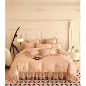 Bed Four Pieces Set Peach Beige Ruffle Duvet Cover Nature Eucalyptus Lyocell Girls Princess Chic Bedding Comforter Cover Soft Bed Sheet Pillow Shams(B,Flat Bed Sheet-King 4PCS)
