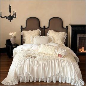 Bed Four Pieces Set Three-Dimensional Rose Lace Ruffles Patchwork 100S Egyptian Cotton Duvet Cover Bed Sheet Pillowcase Princess Wedding Bedding Set(Pink,Flat Bed Sheet-Queen 4PCS)
