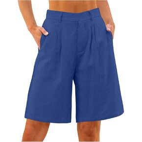 Cotton Linen Womens Bermuda Shorts Dressy Wide Leg Summer Shorts Pleated High Waisted Baggy Knee Length Short Pants