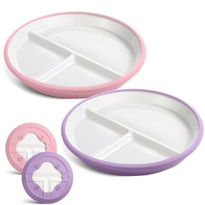 Domensi 4 Pack 8" Large Kids Porcelain Plates with Anti Slip Silicone Sleeves Divided Porcelain Plates Microwave Dishwasher Safe for Toddlers Baby Kids Eating (Macaron Colors)