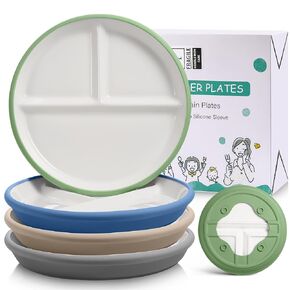 Domensi 4 Pack 8" Large Kids Porcelain Plates with Anti Slip Silicone Sleeves Divided Porcelain Plates Microwave Dishwasher Safe for Toddlers Baby Kids Eating (Macaron Colors) in Kuwait