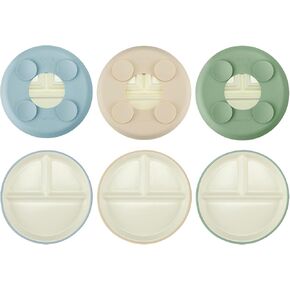PandaEar 3 Pack Porcelain Toddler Plates with Silicone Sleeves | 7.8" Divided Kids Plates | Microwave & Dishwasher Safe | Non-Slip, BPA-Free (Beige/Mint/Pink)