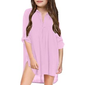 Girls Swimsuit Beach Cover up Shirt Bikini V-Neck Beachwear Bathing Suit Dress Kid Summer Short Sleeve Chiffon Top