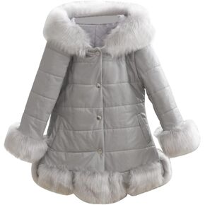 Kids Baby Girls Winter Down Coats Toddler Puffer Jacket with Faux Furry Hood Infant Thicken Warm Coats Leather