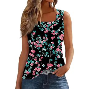 FlekmanArt Womens Tank Tops Square Neck Pleated Tunic Tops Printed Sleeveless 2025 T Shirts Fashion Trendy Tank Tops