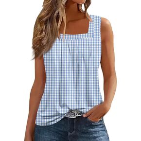 FlekmanArt Womens Tank Tops Sleeveless Pleated Tunic Tops Square Neck Printed Fashion T Shirts Loose Fit Summer Basic Tee