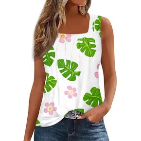 FlekmanArt Tank Tops for Women Sleeveless Square Neck Tunic Tops Printed Pleated Comfy Tank Tops Loose Fit Casual Basic Tee