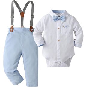 Boarnseorl Baby Boys Pants Sets,Infant Long Sleeve Shirt + Pants + Bow Tie + Suspenders,Toddler Gentleman Outfits